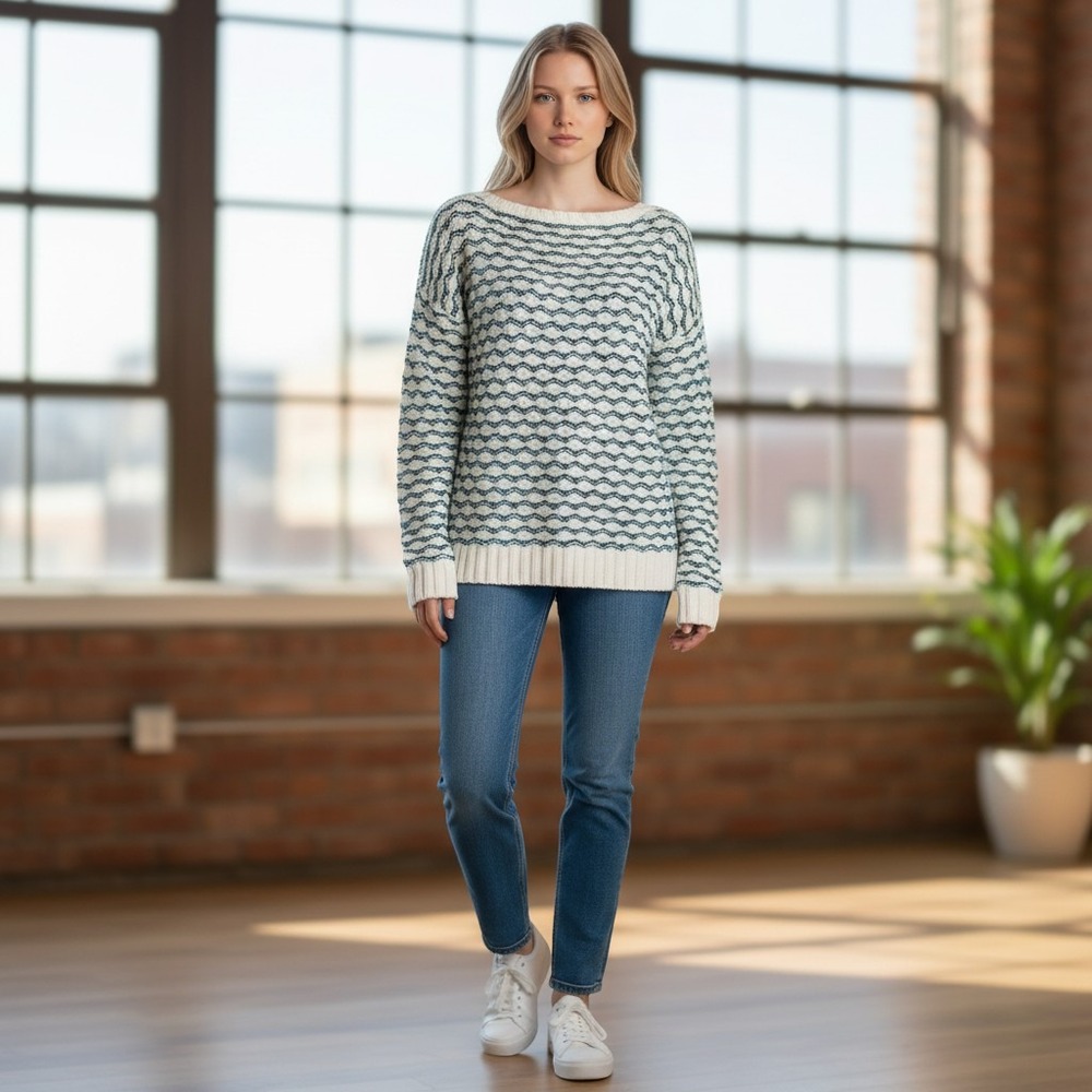 Liz Claiborne Medium Blue White Textured Wave Knit Scoop Neck Sweater Preppy